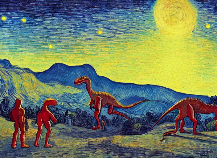 Image similar to painting of the extinction of the dinosaurs with asteroid and fire, in the style of edward hopper and vincent van gogh, dramatic lighting at dusk