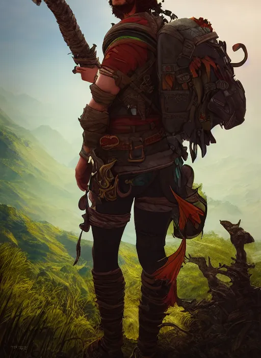 Image similar to an epic fantasy comic book style portrait painting of a male fantasy explorer in the wilds with a backpack and map, unreal 5, daz, hyperrealistic, octane render, cosplay, rpg portrait, dynamic lighting