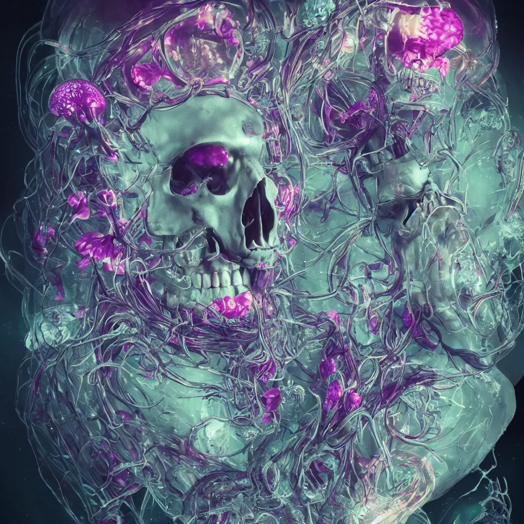 Prompt: close-up portrait goddess skull, thorax, x-ray, backbone, jellyfish phoenix head, nautilus, orchid, betta fish, bioluminiscent creatures, dark deep complex air bubbles in background, intricate artwork by Tooth Wu and wlop and beeple. octane render, trending on artstation, greg rutkowski very coherent symmetrical artwork. cinematic, black and white, contrasted, hyper realism, high detail, octane render, 8k