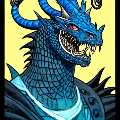 Prompt: head and shoulders porrtrait of a medieval fantasy anthropomorphic blue dragon - human hybrid with electrcity magic, fantasy, d & d, high details, art by phil noto and frank miller