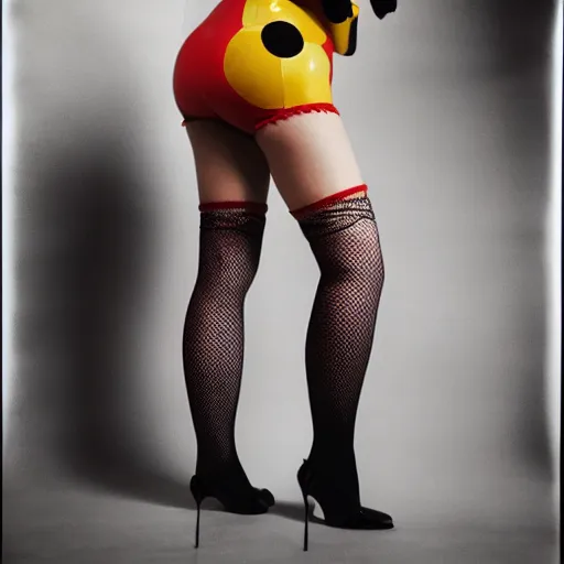 Image similar to girl wearing a latex costume of pikachu and fishnet stockings, by Annie Liebovitz, elegant photography