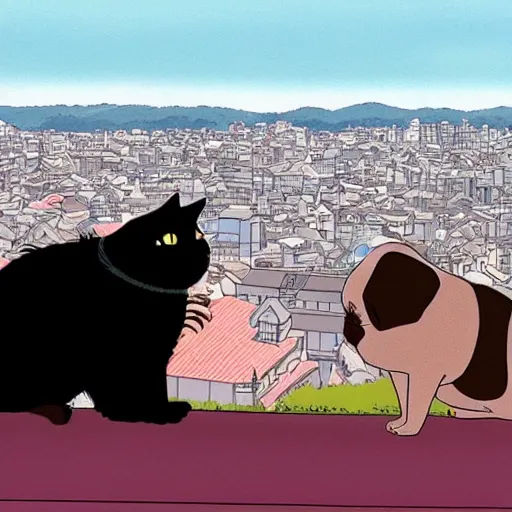 Image similar to a black cat and pug dog who are in love and hold hands while looking out over a city, Miyazaki, studio ghibli