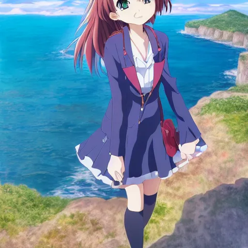 Image similar to An anime girl standing on a cliff, looking out at the ocean, Kyoto Animation Studio, hyper-realistic anime art style, contour shading