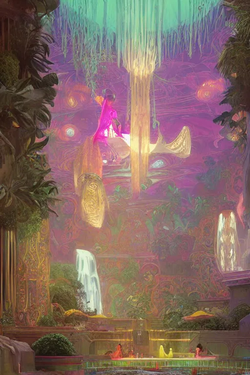 Image similar to Concept Digital Art Highly detailed Alien Art Deco Cybertron lazy river inside of the Palace of the Primes with neon pink water at midnight by greg rutkowski, Ilya repin, alphonse mucha, and Edmund Blair Leighton. Very highly detailed 8K, octane, Digital painting, the golden ratio, rational painting, sharp