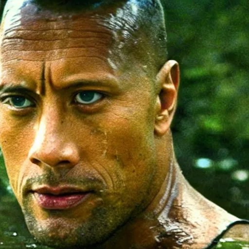 Image similar to film still, close up, dwayne johnson rising out of muddy vietnam river, face covered in mud, low camera angle at water level, night time, film still from apocalypse now ( 1 9 7 9 ), 2 6 mm