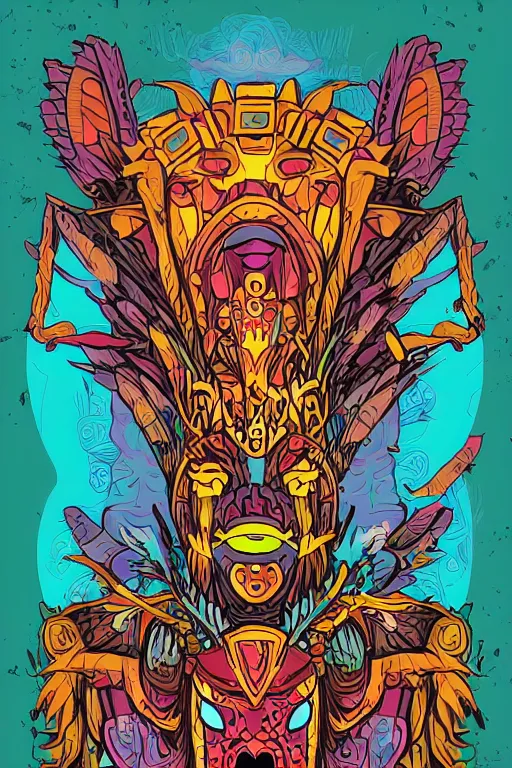 Image similar to animal mask totem roots flower tribal feather gemstone plant wood rock shaman vodoo video game vector cutout illustration vivid multicolor borderlands comics by josan gonzales and dan mumford radiating a glowing aura