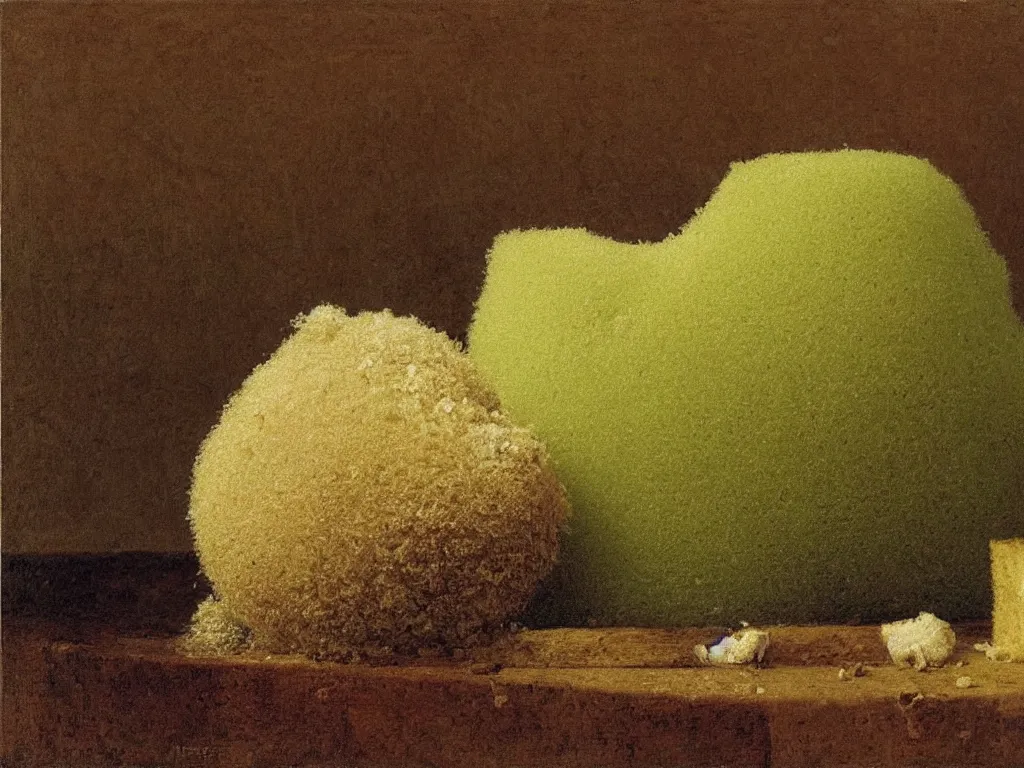 Image similar to still life with fluffy, giant diaphanous green sponge - like mold raising out of an old bread. painting by henri fantin - latour, max ernst, agnes pelton, morandi, walton ford