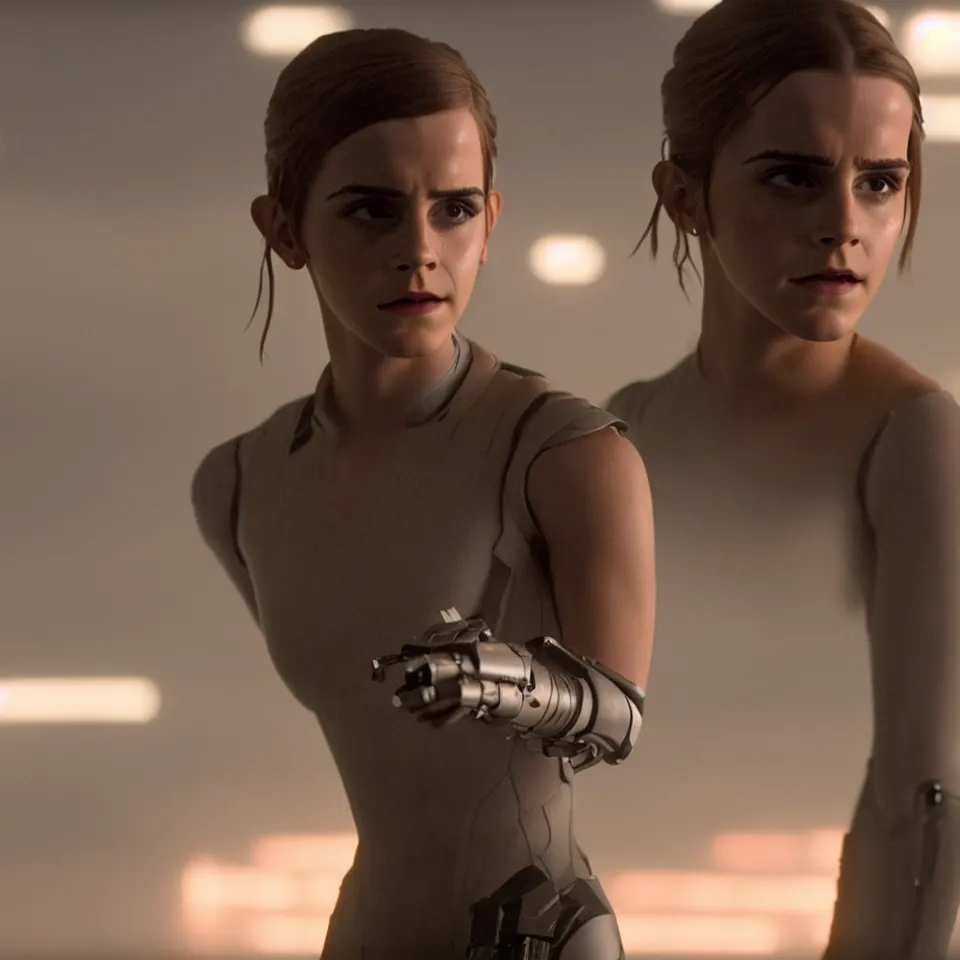 Prompt: Harrowing Emma Watson wearing cyborg gadgets in the style of Blade Runner 2049 (2017). Clear Hands. Clear body. Black Clothes. Rivendel Background. Cinematic. Professional Photo. UHD. 8k. Clear Face.