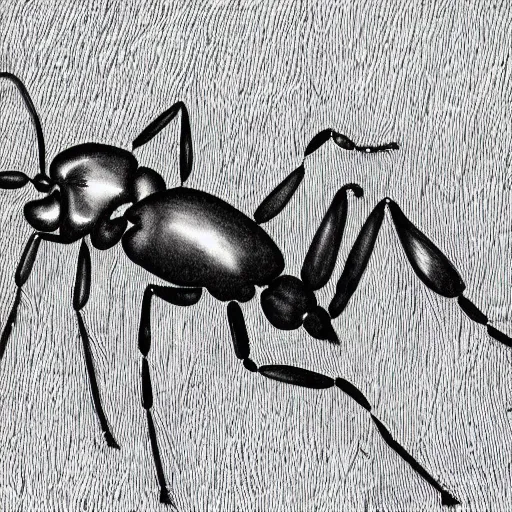 Image similar to ant, black and white, botanical illustration, naturalistic, book illustration, black ink on white paper, bold lines