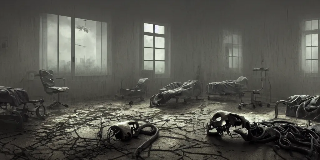 Image similar to a hospital room filled with iron lungs, skulls litter the ground, 1 6 k, photorealistic, cinematic composition, movie concept art, cinematic composition 8 k, intricate detail, high detail, hd, octane render, unreal engine, v - ray, cinematic lighting, octane, volumetric lighting, dark moody lighting, atmosphere, mist, fog, matte painting, extreme long shot