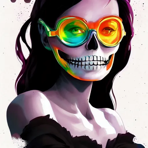 Prompt: a portrait of a girl skull face, latex, in the style of artgerm, charlie bowater, atey ghailan and mike mignola, vibrant colors and hard shadows and strong rim light, plain background, comic cover art, trending on artstation