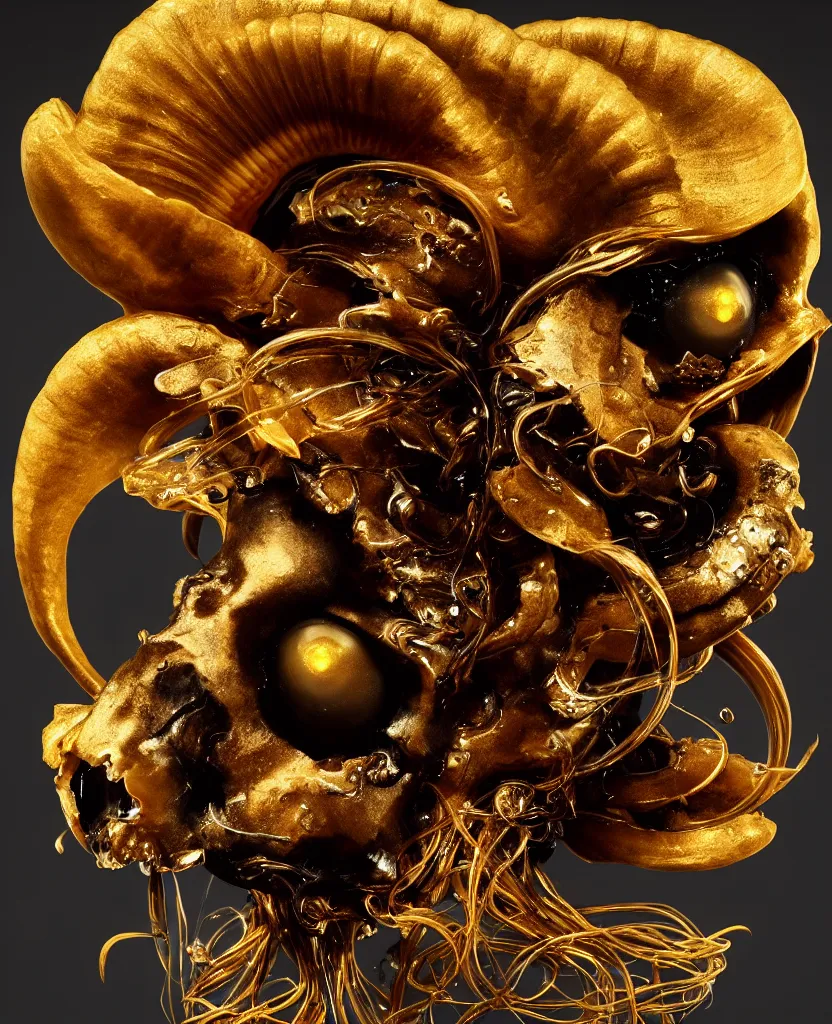 Prompt: black background. goddess princess face close-up portrait ram skull. sculpture made of gold and brilliants. jellyfish phoenix head, nautilus, orchid, skull, betta fish, bioluminiscent creatures, intricate artwork by Tooth Wu and wlop and beeple. octane render, trending on artstation, greg rutkowski very coherent symmetrical artwork. cinematic, hyper realism, high detail, octane render, 8k