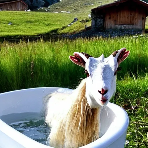 Image similar to dragonfly in a bathtub in the alps, goats!!!!!!!! goat!! sheep!!! in background