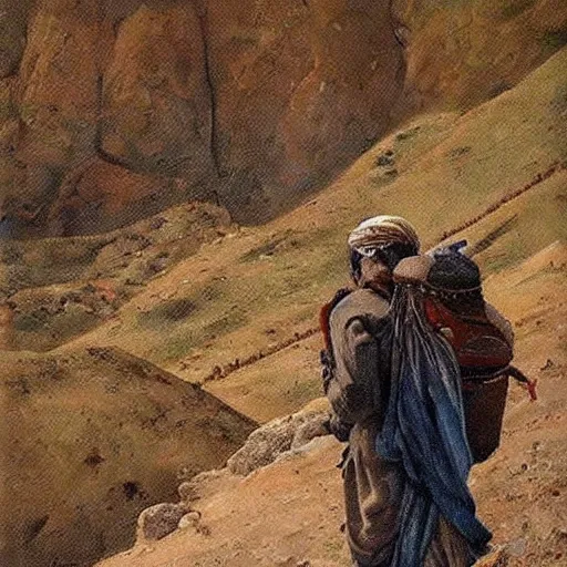 Image similar to kurdish kolbar man walking up a mountain carrying lots of goods on his back, beautiful painting by henry justice ford, incredible detail, award winning art