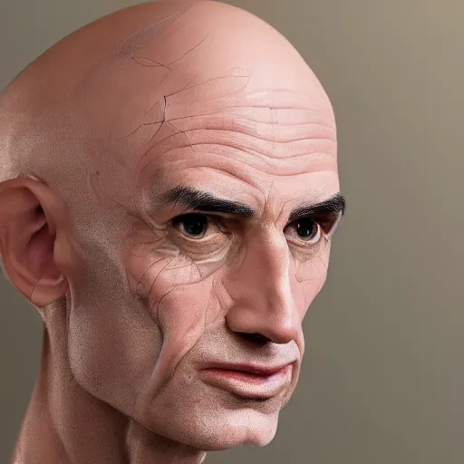 Image similar to A middle-aged Dr. Venture in real life with a hooked nose, a long gaunt face and skinny body and neck, very thin and bald, realistic, very realistic, hyperrealistic, highly detailed, very detailed, extremely detailed, detailed, digital art, oil painting, trending on artstation, headshot and bodyshot, detailed face, very detailed face, extremely detailed face, HD Quality, 8k resolution, very very detailed face, real life