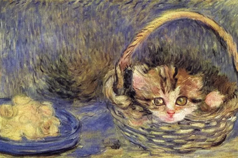 Prompt: a perishing cute kitten coiled up in a basket outside by a snowy day, snow everywere, snowy landscape, by Monet, Manet, Renoir