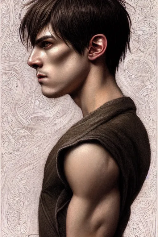 Image similar to portrait of a young androgynous man handsome, male, masculine, upper body, fantasy, fierce, sharp features, intricate, elegant, highly detailed, digital painting, artstation, niccoletta ceccoli, alex grey, concept art, matte, sharp focus, illustration, art by artgerm and greg rutkowski and alphonse mucha, symmetry!!