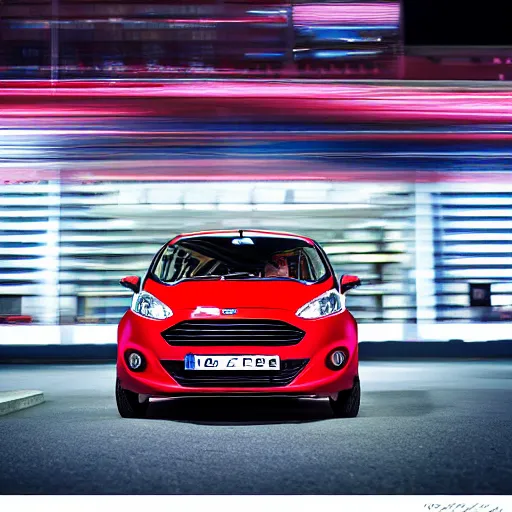 Prompt: red ford fiesta mk 5 zetec in tokyo spain, award winning photograph, night time