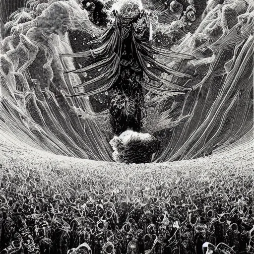 Image similar to apocalypse apocalyptic nuclear explosions god deity judgement day the end revelation of death angels horror art godmachine victo ngai hyperrealism photo - realistic gustave dore and dzo godmachine victo ngai yoji shinkawa apophasis shintaro kago apophasis hyperrealism