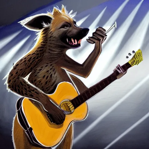 Prompt: A picture of an anthropomorphic hyena playing guitar on stage, dramatic lighting, realistic, very beautiful, furry art