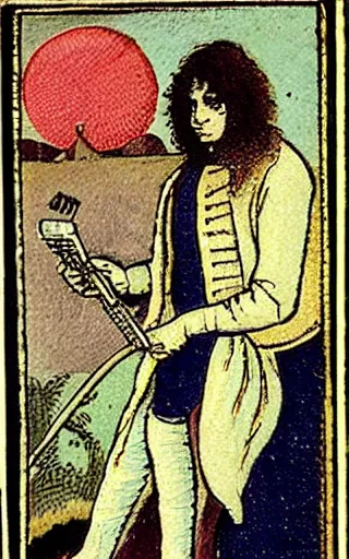 Prompt: The shoegaze guitarist, 1600s tarot card