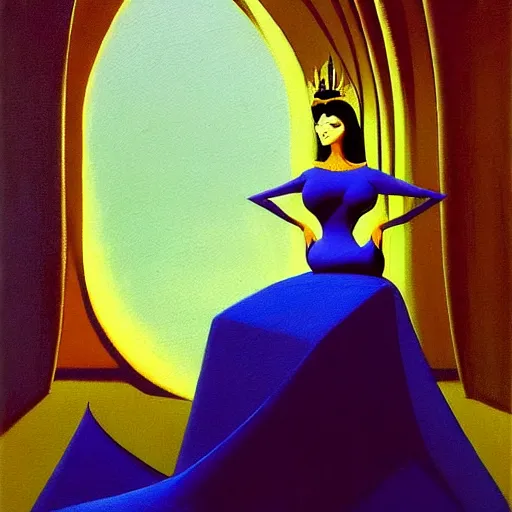 Prompt: an oil painting of a queen in a thierry mugler dress sitting on a throne, by bruce pennington, by eyvind earle, nicholas roerich, by frank frazetta, by georgia o keeffe, by dean cornwell, highly detailed, contest winner, eerie, ominous, tonalism, jewels, rich baghdad, oriental, desaturated, anime