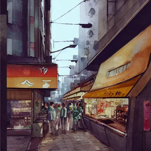 Image similar to Tokyo storefronts facade watercolors in the style Mateusz Urbanowicz,Albert Kiefer, digital art painting artstation global illumination GI AAA SSS