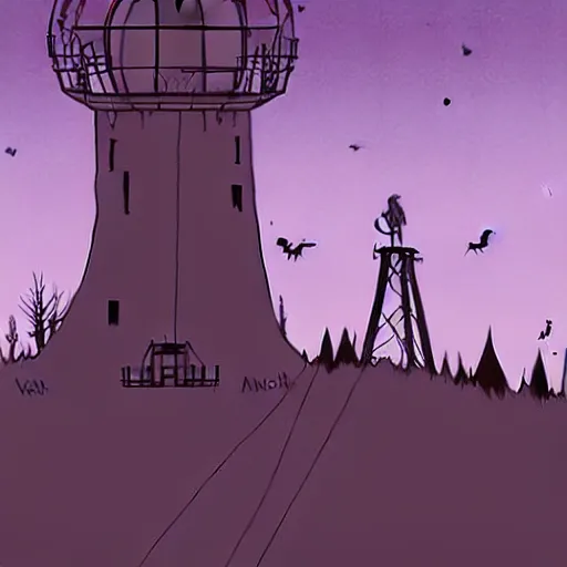 Prompt: abigail larson, don bluth, purple color pallete, welcome to night vale, radio tower with black hole above it, helicopter, spooky strange weird quirky, cartoon, 2 d, chiral lighting