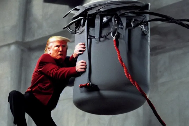 Image similar to movie still of donald trump in mission impossible hanging from a cable, cinematic, high detail, studio lighting