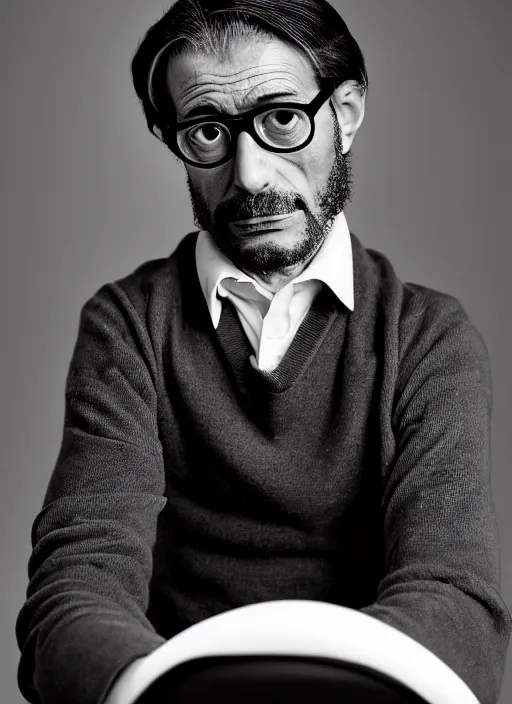 Prompt: black and white, studio photograph of a male italian artist wearing glasses sitting on a stool wearing a turtleneck, anxiety and depression, intricate, elegant, highly detailed, hyper realistic, dark background, flickr, smooth, sharp focus, shot by steve mccurry