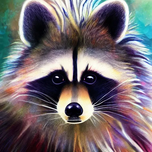 Image similar to portrait of a cute fluffy raccoon with long colorful flowing lion mane with mohawk hairstyle hybrid animal detailed painting 4 k
