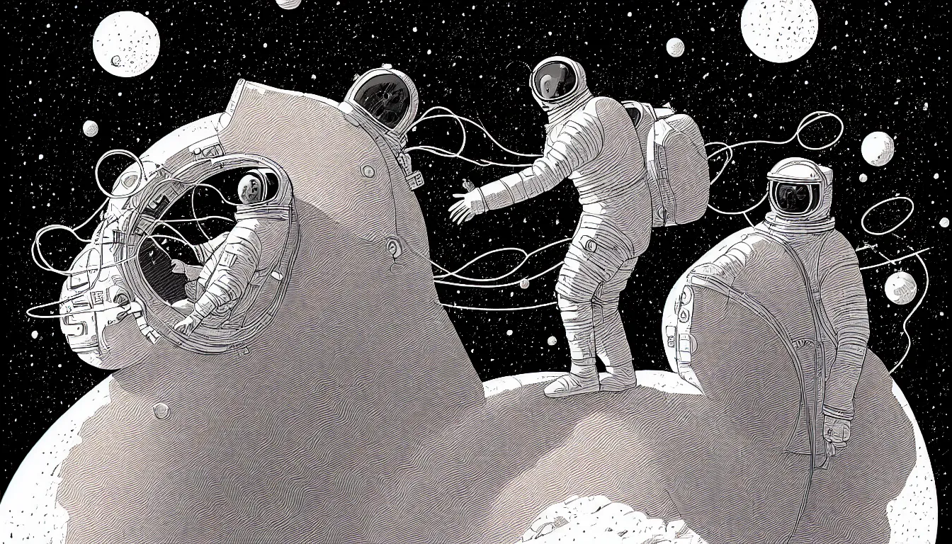 Image similar to man in a space suit by nicolas delort, moebius, victo ngai, josan gonzalez, kilian eng