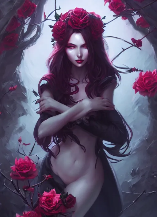 Prompt: fantasy female dark witch surrounded by roses and thorns, fullbody view, wide angle view, highly detailed, qichao wang, artgerm, cushart krenz, zeronis, trending on artstation, soft light, sharp edges, illustration, character design, concept art