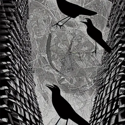 Image similar to crows at a architectural complex with an occult witch by Android Jones and M. C. Escher collaboration, futurist, digital art, dramatic lighting, symbolic