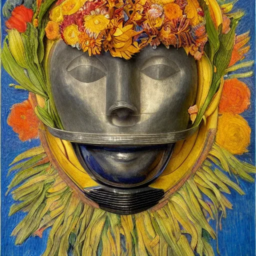 Image similar to masterpiece painting of the head of a robot wearing a mask made of flowers, by annie swynnerton and diego rivera and jean delville and tino rodriguez, flower mask, symbolist, dramatic lighting, god rays, elaborate geometric ornament, art brut, soft cool colors, smooth, sharp focus, extremely detailed, adolf wolfli