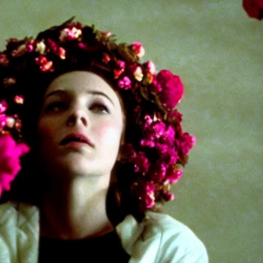 Image similar to movie still of the girl with the flowers head, cinematic composition, cinematic light, by edgar wright and david lynch