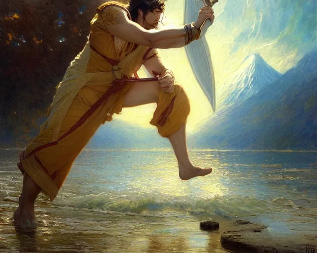 Prompt: attractive male wizard casting powerful tsunami wave spell in a beautiful lake. highly detailed painting by gaston bussiere, craig mullins, j. c. leyendecker 8 k