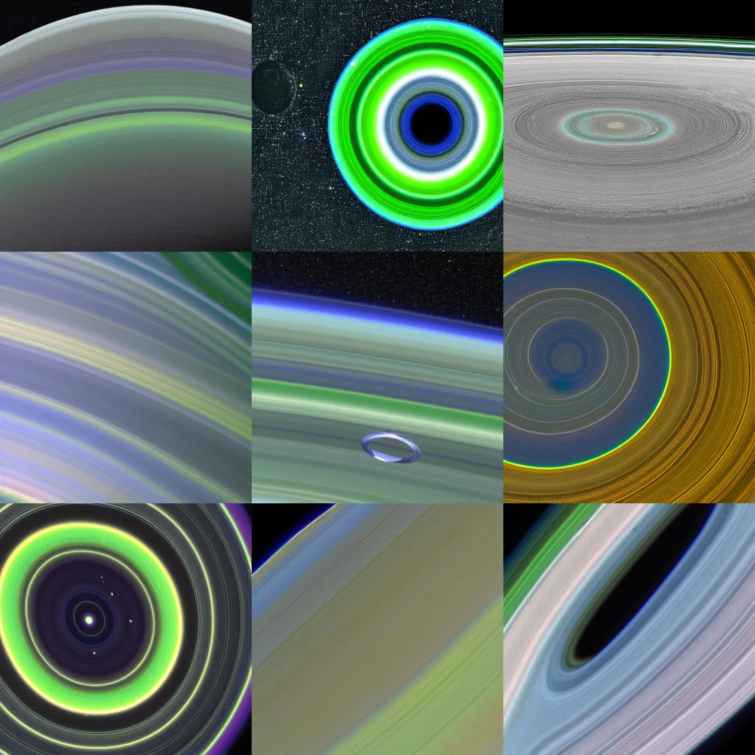 Prompt: a photo of a green and blue planet with rings taken by Cassini