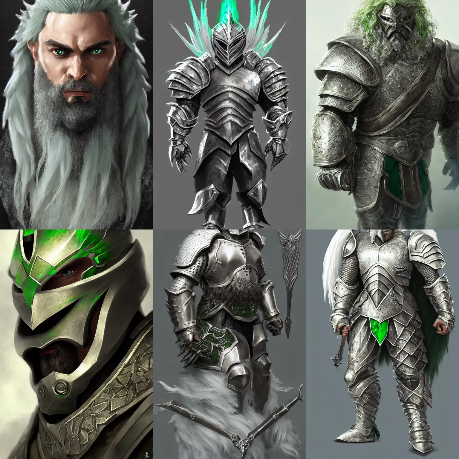 Prompt: Burly knight, white armor, long green hair, messy beard, ornamental armor, asymmetry, angel-inspired, by Frank Franzzeta, trending on Artstation, artstationHD, artstationHQ, extremely detailed, face, octane, cssociety, HD 8K