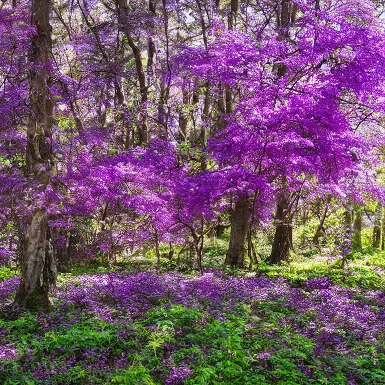 Image similar to tiny seeds float around a fairytale tree with lush purple flowers in a sunny forest glade, radiant morning light