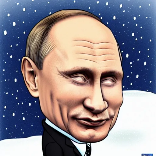 Image similar to caricature of Vladimir Putin alone and depressed in the snow, detailed,