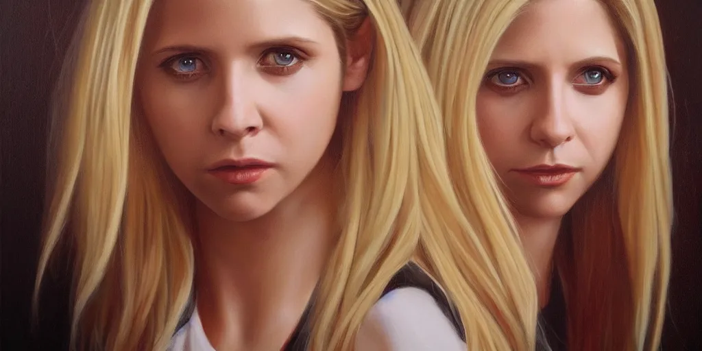 Prompt: a hyperrealistic beautiful oil painting of Buffy Summers; masterpiece; extremely detailed; ultra realistic; trending on artstation