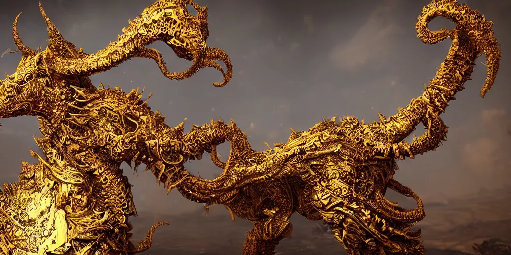 Image similar to a photo of 8k ultra realistic corrupted lovecraftian golden horse, 8 intricate white and gold tentacles, ornate white and gold armour, cinematic lighting, trending on artstation, 4k, hyperrealistic, focused, extreme details, unreal engine 5, cinematic, masterpiece