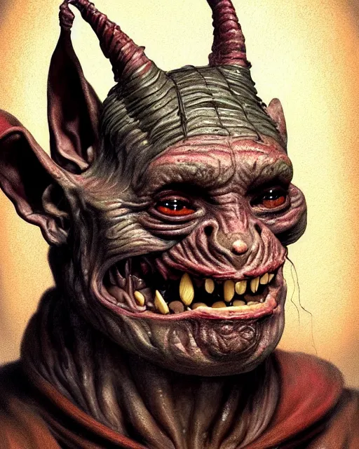 Prompt: closeup profile face portrait of a medieval goblin eating cakes in the cathedral, beautiful face, hyper realistic, highly detailed, digital painting, artstation, illustration, concept art by hyung tae, frank frazetta, bosch, giger, digital paint, matte paint, washed colors, dark, gloomy, detailed and intricate environment