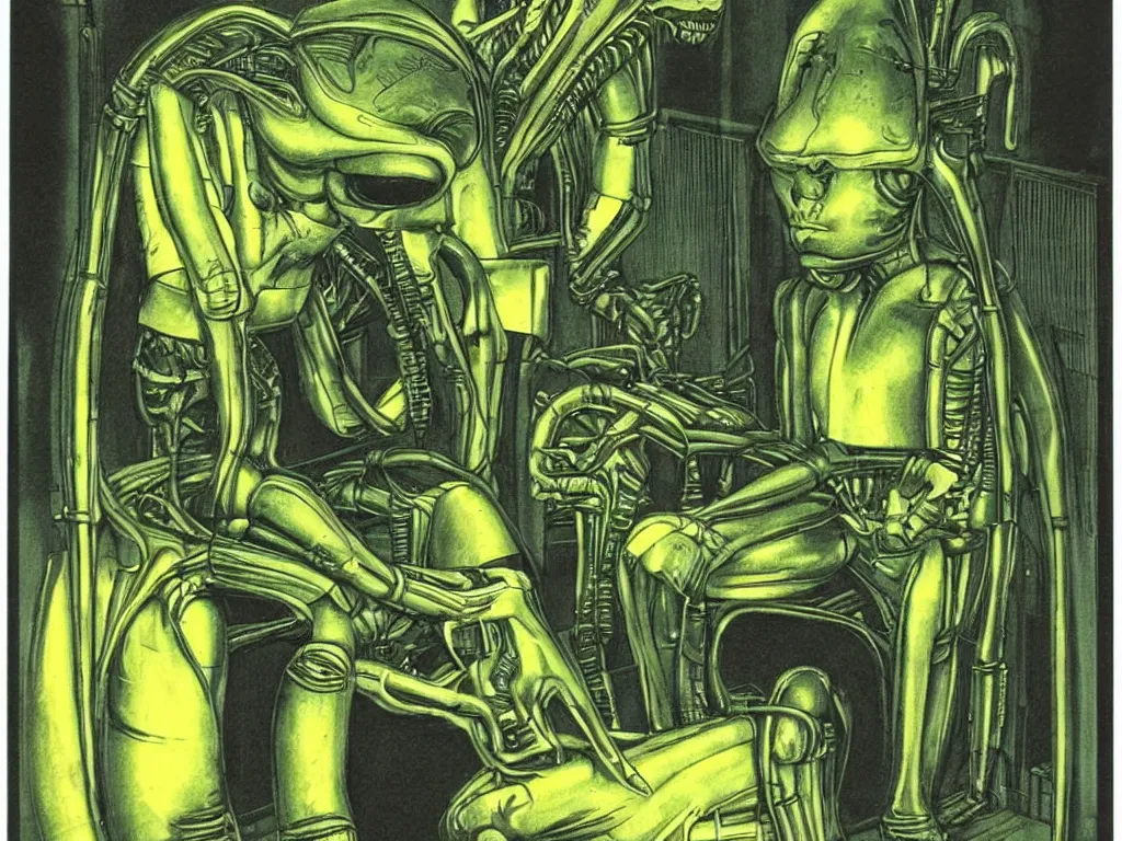 Prompt: An H.R. Giger alien sitting on the toilet. Green and yellow color scheme. A small boy crying in the corner. Production photo from 1980’s color sci-fi film.