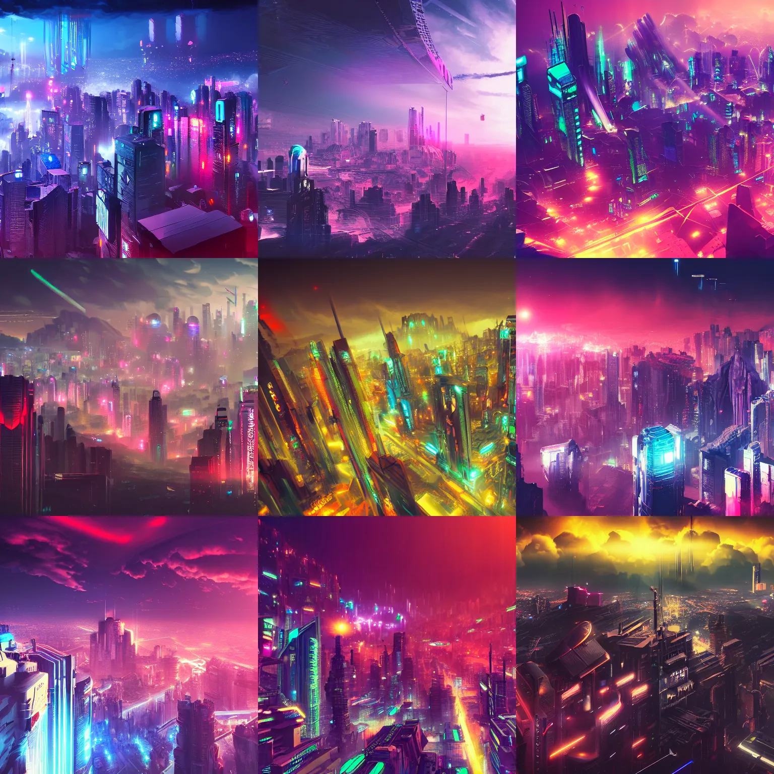 Prompt: great cyberpunk city above clouds, evening, ufo, distance waterfalls flow down the mountains, Neon lights shine, highdefinition, super wide angle, artstation,