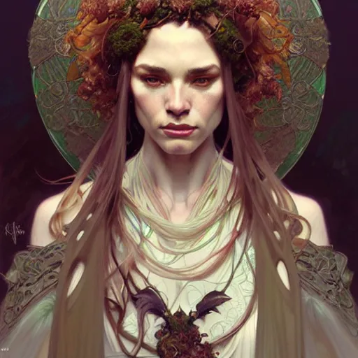 Prompt: Portrait of Geen Men, druid, fantasy, intricate, elegant, highly detailed, digital painting, artstation, concept art, smooth, sharp focus, illustration, art by Krenz Cushart and Artem Demura and alphonse mucha