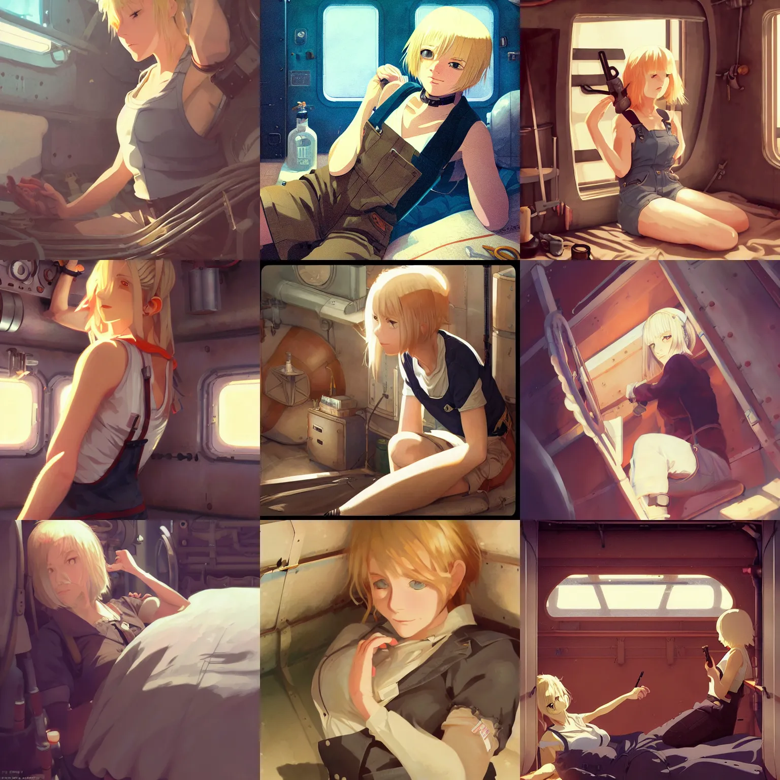 Prompt: an airship mechanic lying within a cramped and dimly lit bunk, blonde, tank top, overalls, finely illustrated face, highly detailed, digital painting, studio ghibli key visual, in the style of ilya kuvshinov and krenz cushart