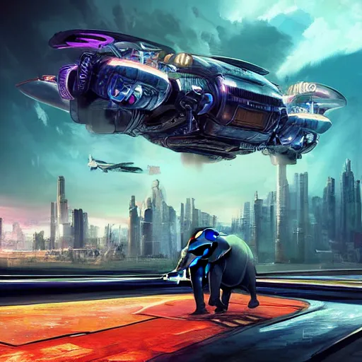 Image similar to elephant in futuristic cyberpunk city, flying cars on background, acrilic paint, digital, artstation, detailed intricate ink illustration, heavenly atmosphere, digital art, overdetailed art, concept art, complementing colors, trending on artstation, cgstudio, the most beautiful image ever created, dramatic, subtle, details, award winning artwork, beautiful scenery