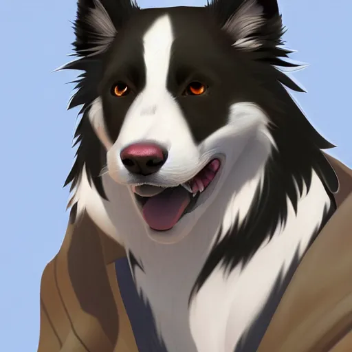 Image similar to wide angle beautiful full body portrait of a strong male anthropomorphic anthro border collie fursona, furry art, furaffinity, beautiful, glamor pose, detailed, aesthetic, trending on artstation